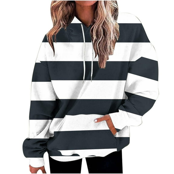 Sevevn Women's Color Blocked Striped Printed Blouse Pocket Long Sleeved Pullover Hooded Top Navy L Great Gifts for Less
