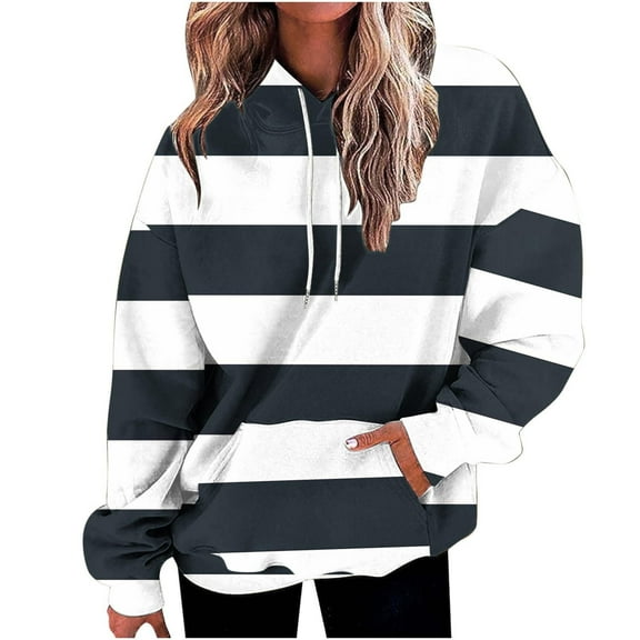 Sevevn Women's Color Blocked Striped Printed Blouse Pocket Long Sleeved Pullover Hooded Top Navy M Great Gifts for Less