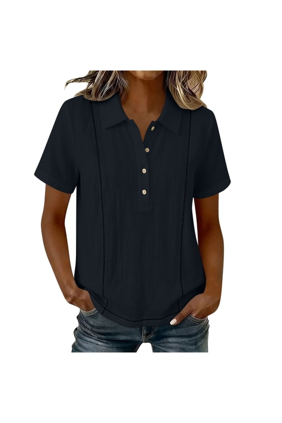Women's Contrast Shirt Half Placket Button Lapel Texture Loose Fit Short Sleeve Top Black M