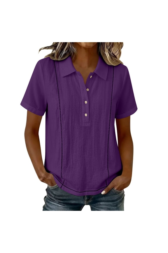 Women's Contrast Shirt Half Placket Button Lapel Texture Loose Fit Short Sleeve Top Purple L