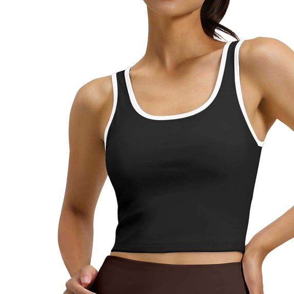 Sevevn Women's Contrast Trim Square Neck Crop Tank Top High Stretch Sleeveless Workout Cami Slim Fit Athletic Yoga Top