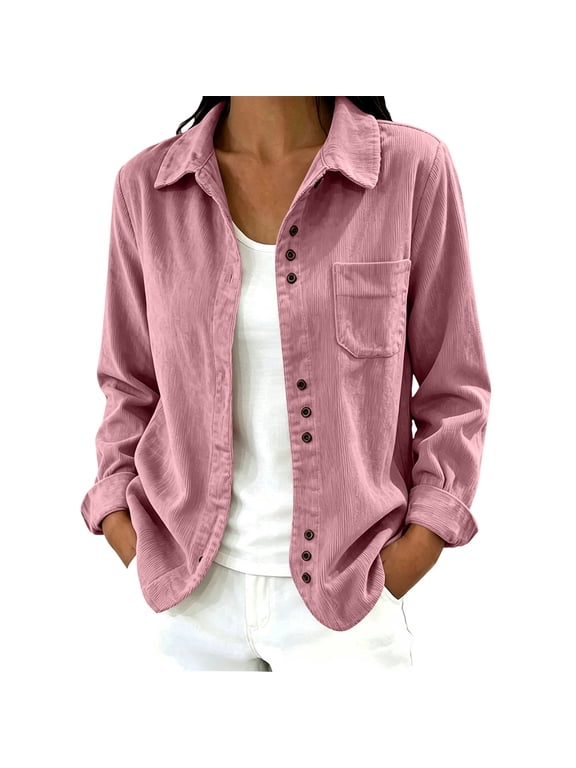 Women's Corduroy Button Down Shirt Collared Long Sleeve Casual Blouse with Pocket Pink L
