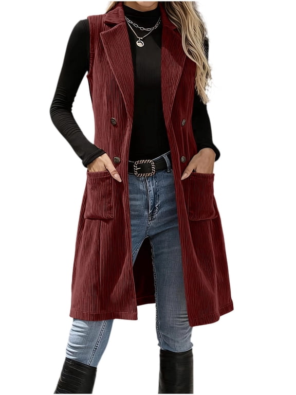 Women's Corduroy Long Sleeveless Blazer Vest Lapel Double‑Breasted Waistcoat Fall Casual Outerwear Red L