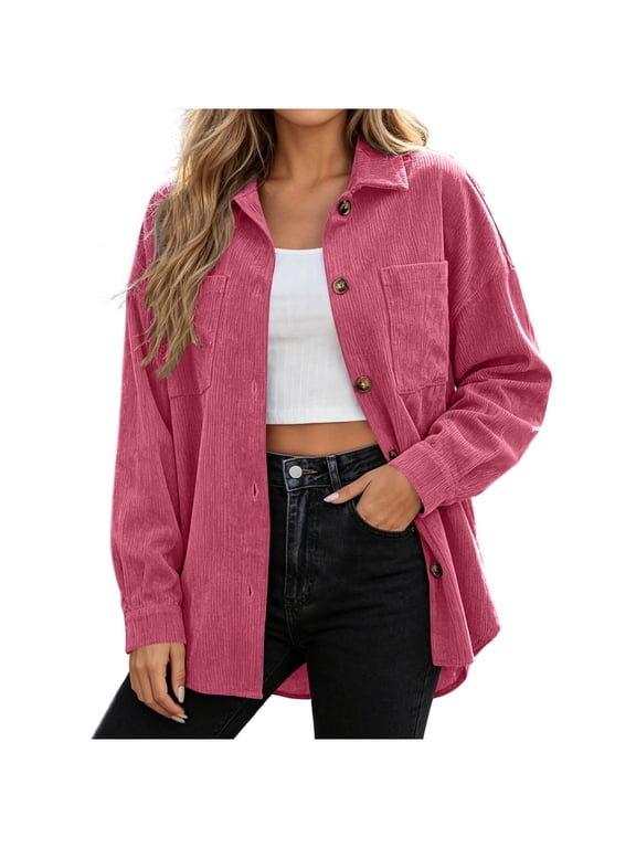 Women's Corduroy Shirt Shacket for Women Fall Jacket Long Sleeve Button Down Blouses Pink L