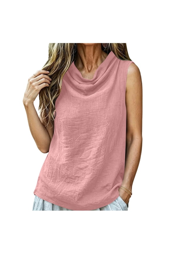 Women's Cowl Neck Sleeveless Tank Top Casual Loose Fit Blouse with Textured Fabric Pink L