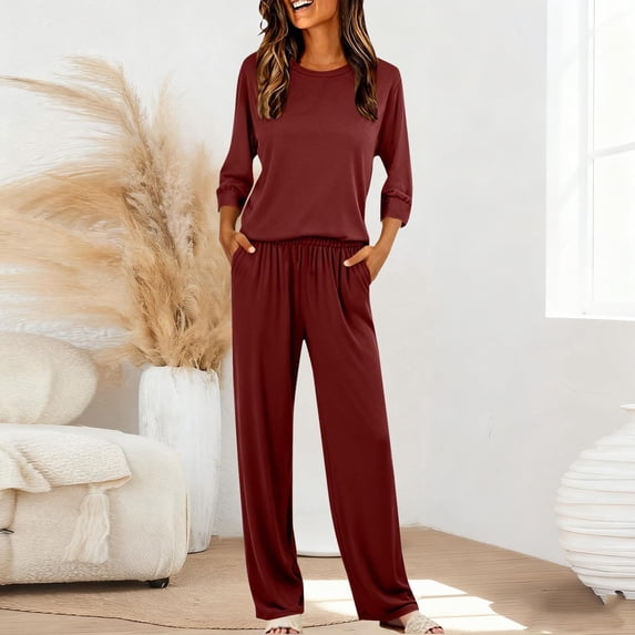 Sevevn Women's Crew Neck 3/4 Sleeve Top and Elastic Waist Straight Long Pants 2 Piece Loungewear Pajama Set