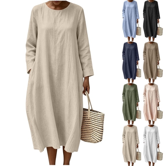 Sevevn Women's Crew Neck Textured Linen Blend Maxi Dress Long Cuffed Sleeve Side Pockets Loose Flow Casual Vacation Long Dress Khaki L