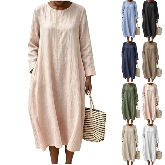 Sevevn Women's Crew Neck Textured Linen Blend Maxi Dress Long Cuffed Sleeve Side Pockets Loose Flow Casual Vacation Long Dress Pink L