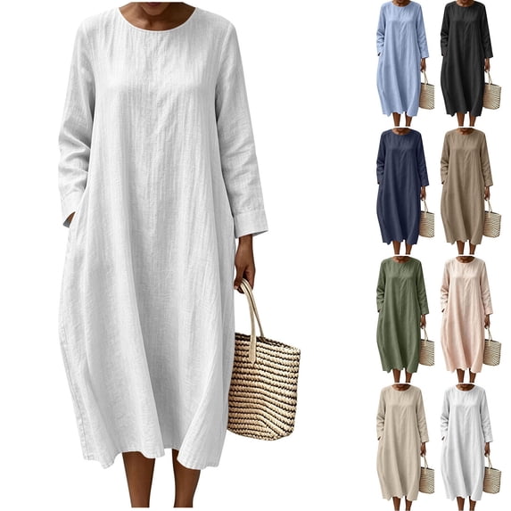 Sevevn Women's Crew Neck Textured Linen Blend Maxi Dress Long Cuffed Sleeve Side Pockets Loose Flow Casual Vacation Long Dress White M