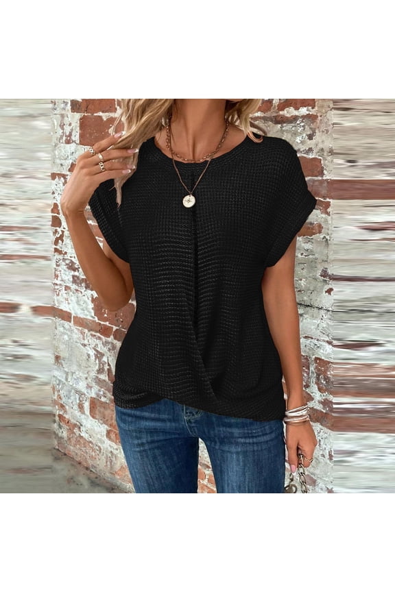 Women's Crew Neck Twist Front T Shirts Cap Sleeve Waffle Knit Casual Tee Tops