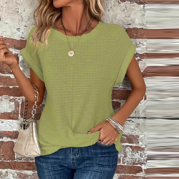 Sevevn Women's Crew Neck Twist Front T Shirts Cap Sleeve Waffle Knit Casual Tee Tops