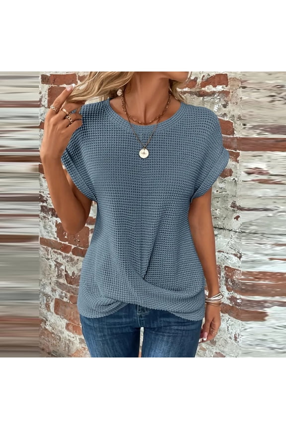 Women's Crew Neck Twist Front T Shirts Cap Sleeve Waffle Knit Casual Tee Tops