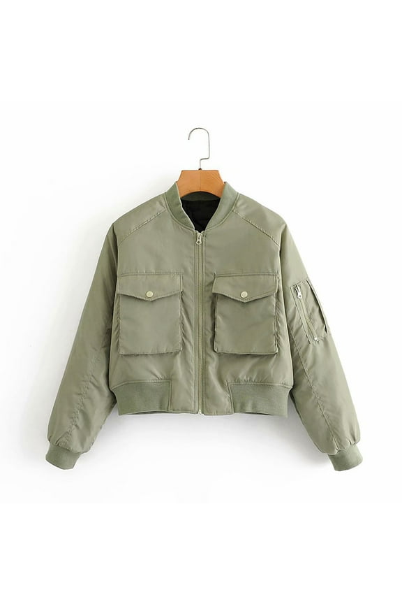 Women's Cropped Bomber Jackets Lightweight Zip Up Stand Collar Long Sleeve Short Jacket with Pockets