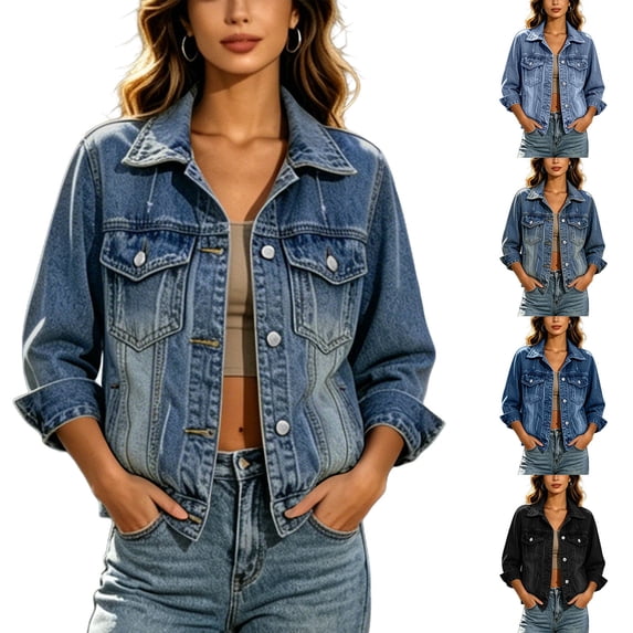Sevevn Women's Cropped Denim Jacket Long Sleeve Button Down Oversized Washed Jean Jacket with Pockets Blue L
