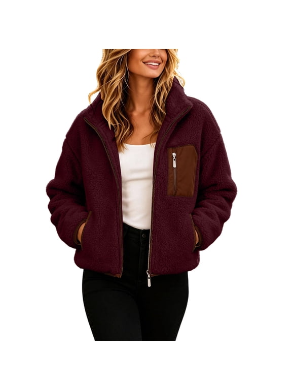Women's Cropped Sherpa Fleece Jacket Zip‑Up Coat Loose Warm Fleece Outerwear With Pockets Wine L
