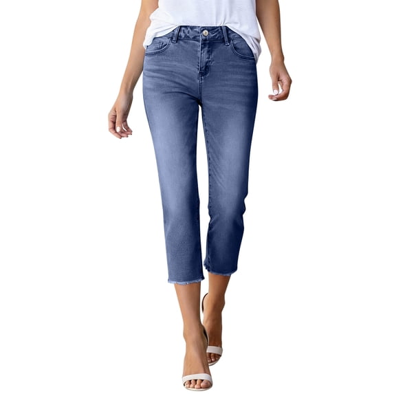 Sevevn Women's Cropped Straight Leg Jeans Frayed Hem Mid-Rise Denim Capri Pants Blue M