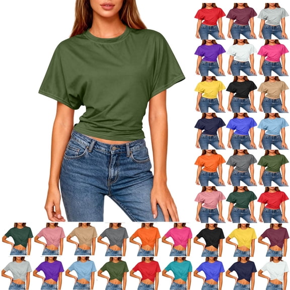 Sevevn Women's Cropped T Shirt Short Sleeve Crew Neck Casual Crop Top Soft Stretchy Slim Fit Summer Top Army Green L