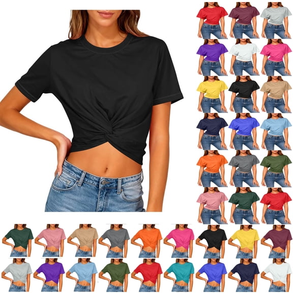 Sevevn Women's Cropped T Shirt Short Sleeve Crew Neck Casual Crop Top Soft Stretchy Slim Fit Summer Top Black M
