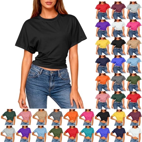 Sevevn Women's Cropped T Shirt Short Sleeve Crew Neck Casual Crop Top Soft Stretchy Slim Fit Summer Top Black XL