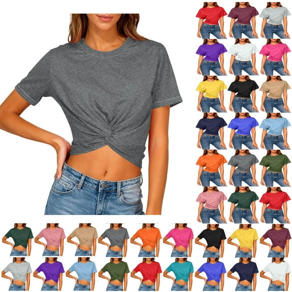 Sevevn Women's Cropped T Shirt Short Sleeve Crew Neck Casual Crop Top Soft Stretchy Slim Fit Summer Top Dark Gray XL