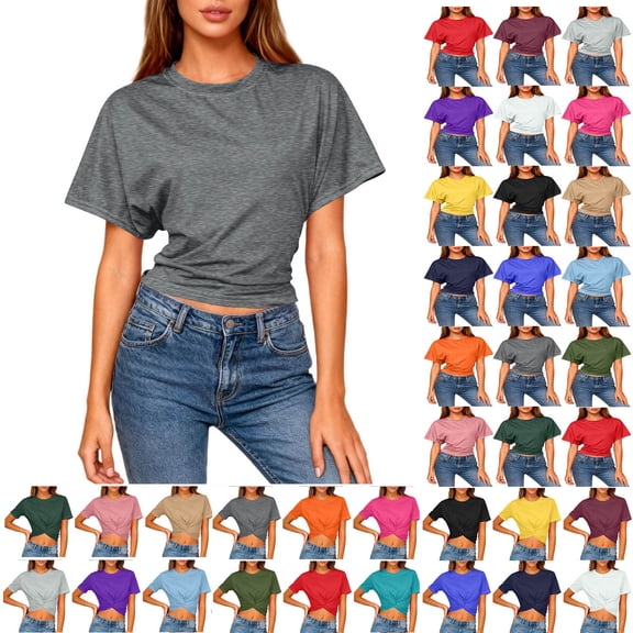 Sevevn Women's Cropped T Shirt Short Sleeve Crew Neck Casual Crop Top Soft Stretchy Slim Fit Summer Top Dark Gray XL