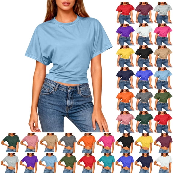 Sevevn Women's Cropped T Shirt Short Sleeve Crew Neck Casual Crop Top Soft Stretchy Slim Fit Summer Top Light Blue M