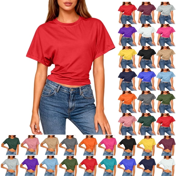 Sevevn Women's Cropped T Shirt Short Sleeve Crew Neck Casual Crop Top Soft Stretchy Slim Fit Summer Top Red L