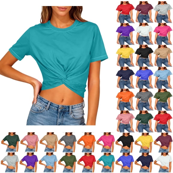 Sevevn Women's Cropped T Shirt Short Sleeve Crew Neck Casual Crop Top Soft Stretchy Slim Fit Summer Top Sky Blue S