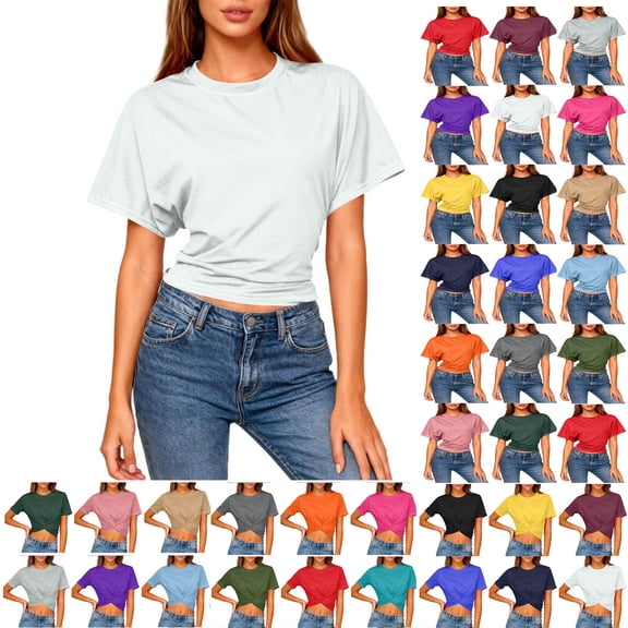 Sevevn Women's Cropped T Shirt Short Sleeve Crew Neck Casual Crop Top Soft Stretchy Slim Fit Summer Top White S