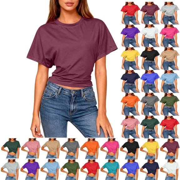 Sevevn Women's Cropped T Shirt Short Sleeve Crew Neck Casual Crop Top Soft Stretchy Slim Fit Summer Top Wine S