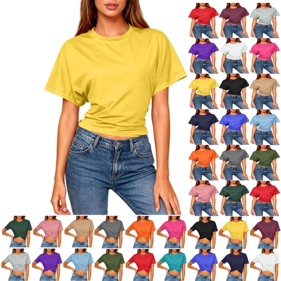 Sevevn Women's Cropped T Shirt Short Sleeve Crew Neck Casual Crop Top Soft Stretchy Slim Fit Summer Top Yellow M