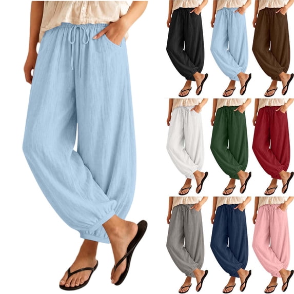 Sevevn Women's Elastic Drawstring Waist Linen Pants Loose Casual Trousers with Side Pockets Light Blue S