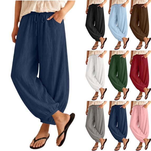 Sevevn Women's Elastic Drawstring Waist Linen Pants Loose Casual Trousers with Side Pockets Navy XXL