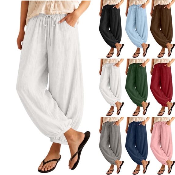 Sevevn Women's Elastic Drawstring Waist Linen Pants Loose Casual Trousers with Side Pockets White L