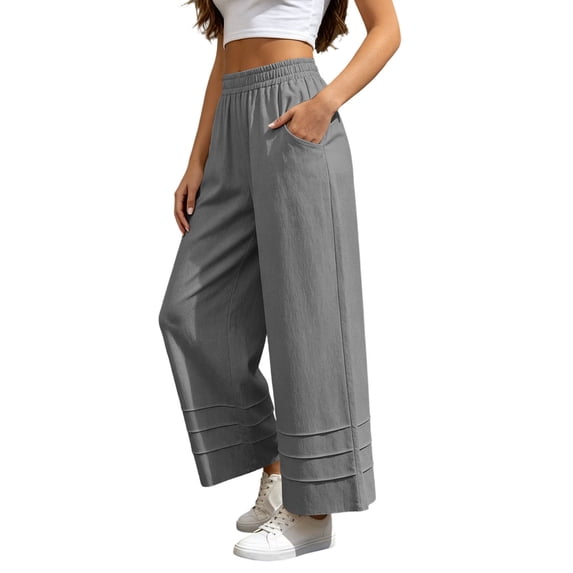 Sevevn Women’s Elastic High-Waisted Tiered Hem Palazzo Pants Flowy Wide Leg Casual Trousers with Side Pockets