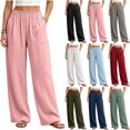 thumbnail image 1 of Sevevn Women's Elastic Waist Palazzo Pants Linen Look Loose Wide Leg Casual Trousers with Pockets Pink S, 1 of 7