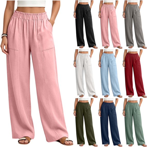 Sevevn Women's Elastic Waist Palazzo Pants Linen Look Loose Wide Leg Casual Trousers with Pockets Pink S