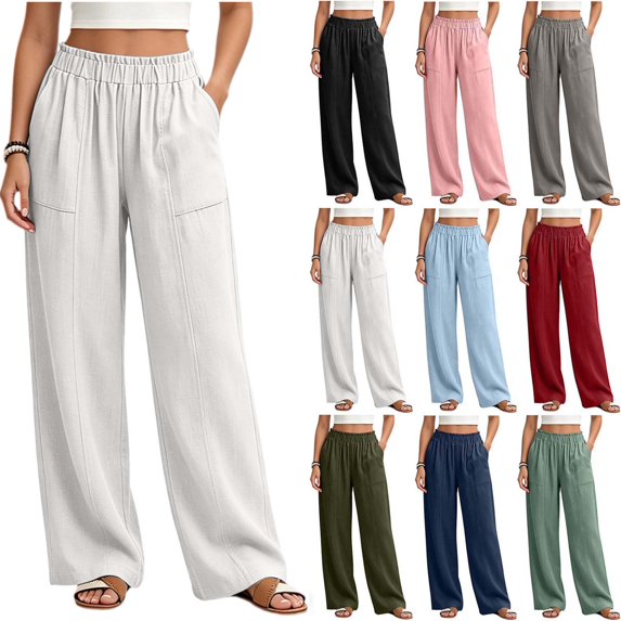 Sevevn Women's Elastic Waist Palazzo Pants Linen Look Loose Wide Leg Casual Trousers with Pockets White XXL