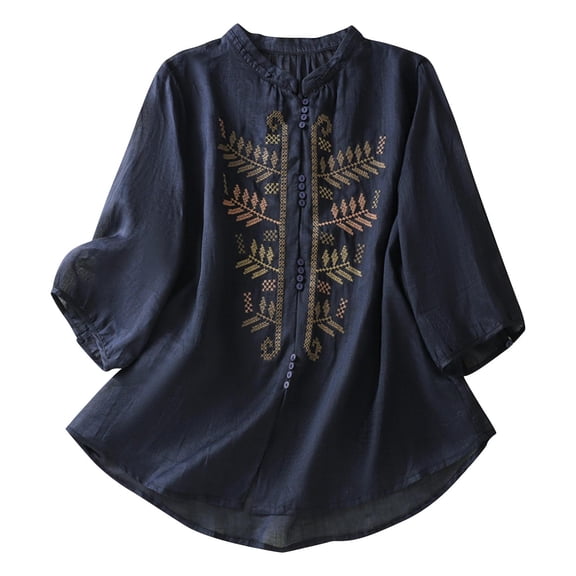 Sevevn Women's Embroidered Imitation And Linen 3/4 Sleeve Round-Neck Buckle Pullover Fashionable Tops