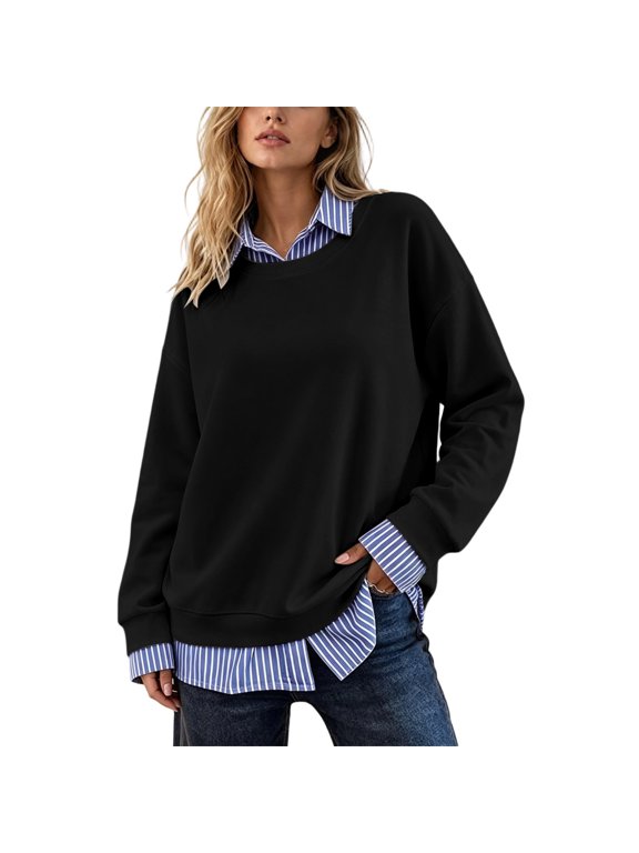 Women's Fall Casual Long Sleeve Sweatshirt, Striped Patchwork Collar Fake Two Piece Pullover Tops, Ideal for Airport Travel, Weekend Shopping & Coffee Runs
