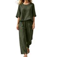 thumbnail image 1 of Sevevn Women's Fall Cotton-Linen Two-Piece Outfit, Relaxed-Fit Round-Neck Top with Elastic-Waist Wide-Leg Pants for Casual Everyday Wear, 1 of 6