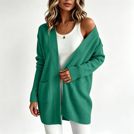 Sevevn Women's Fall Fashion Sweaters Open Front Mid Length Long Sleeve Cardigan Knit Tops with Pockets Versatile Winter Outfits for Work Office Shopping Walking Leisure