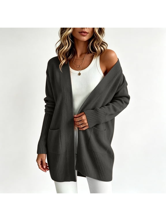 Women's Fall Fashion Sweaters Open Front Mid Length Long Sleeve Cardigan Knit Tops with Pockets Versatile Winter Outfits for Work Office Shopping Walking Leisure