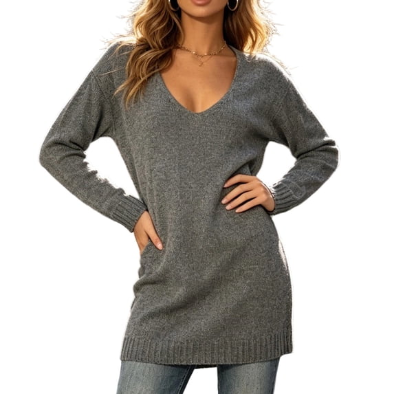 Sevevn Women's Fall Fashion Sweaters V Neck Long Sleeve Tunic Tops Long Length Loose Knit Pullover Shirts Versatile Winter Outfits for Work Office Shopping Walking Leisure