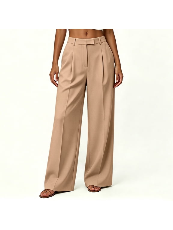 Women's Fall High-Waisted Pleated Wide-Leg Dressy Work Pants with Side Pockets