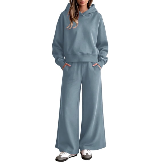 Sevevn Women's Fall Lightweight 2‑Piece Sweatsuit Outfit, Relaxed Cropped Hoodie with Wide‑Leg Pants for Daily Casual Wear