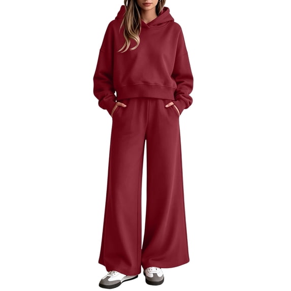 Sevevn Women's Fall Lightweight 2‑Piece Sweatsuit Outfit, Relaxed Cropped Hoodie with Wide‑Leg Pants for Daily Casual Wear