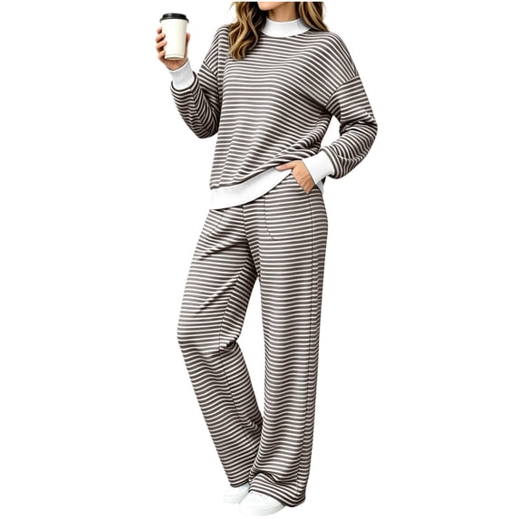 Sevevn Women's Fall Oversize Relaxed Fit 2‑Piece Fashion Outfit, Striped Color‑Block Mock Neck Top with Wide‑Leg Pants for Cool‑Weather Occasions Size S-5XL