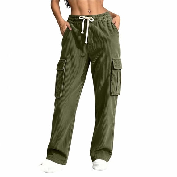 Sevevn Women's Fall Ribbed-Knit Mid-Rise Straight-Leg Cargo Pants Elastic Drawstring Multi-Pocket Casual Pants
