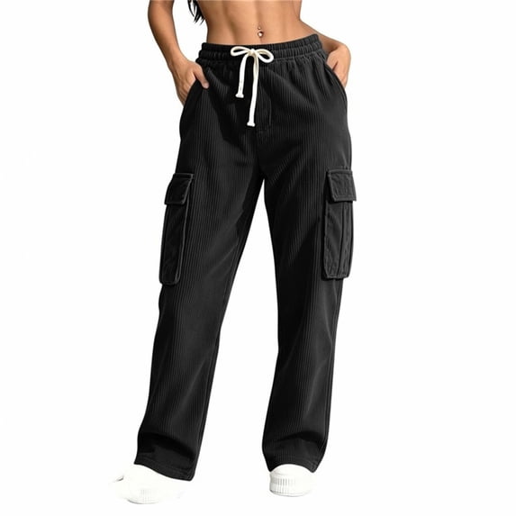 Sevevn Women's Fall Ribbed-Knit Mid-Rise Straight-Leg Cargo Pants Elastic Drawstring Multi-Pocket Casual Pants